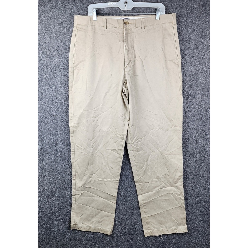 Lands End Chino Pants Men 36 Khaki Tan Flat Front Twill Distressed Hem